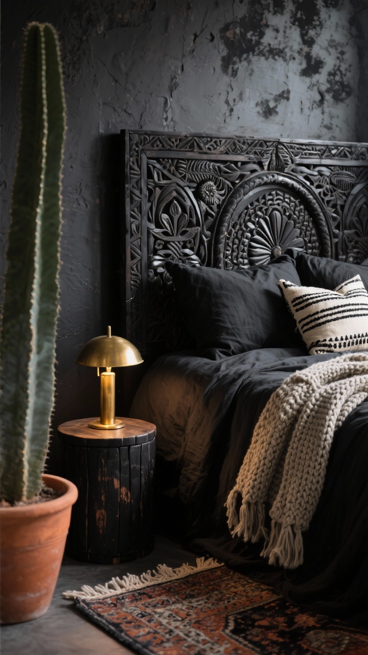 Photorealistic detail closeup, Moody Boho Luxe: textured black limewash wall behind a carved ebony wood headboard with global motifs; bed styled with stonewashed black linen, a chunky knit throw draped casually, and cream-on-black mudcloth pillows; warm brass lamp on a blackened mango wood drum table casting a golden glow; hint of a terracotta planter with a tall cactus blurred in background; vintage Persian rug edge showing faded charcoal and rust tones; tactile emphasis on linen, knit, carved wood, and woven fibers; intimate evening ambiance