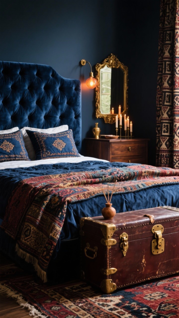 Photorealistic detail/closeup, “Moody Global Collector”: dramatic, saturated palette of inky indigo, oxblood, espresso wood, and brass; tight focus on a midnight-blue tufted velvet headboard with embroidered pillows and a patterned kantha quilt draped forward; edge of a vintage trunk at the foot showing worn leather and brass hardware; background hints of dark-stained nightstand with brass-framed mirror and candle clusters; textile glimpse of Persian/kilim rug and block-printed curtain; lighting: warm amber bulbs creating low, cozy contrast; include subtle incense or sandalwood diffuser vessel; perspective: angled closeup emphasizing velvet texture and brass details.