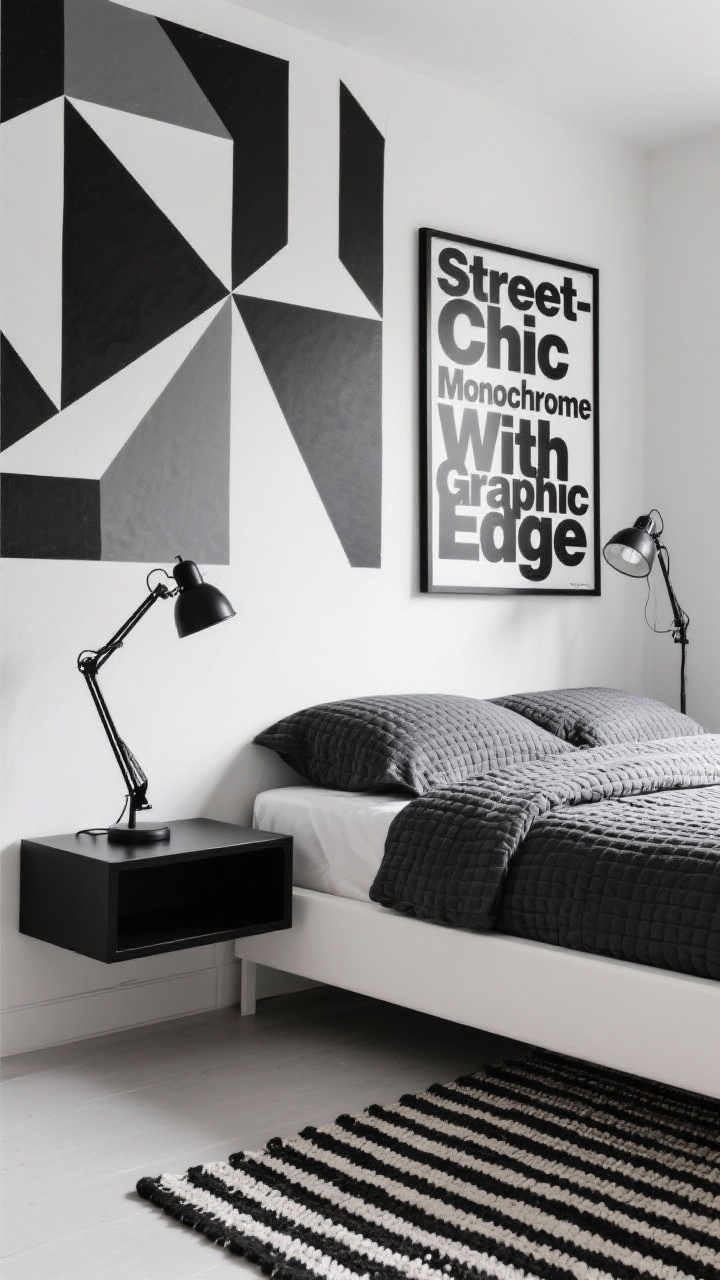 Photorealistic detail/closeup shot, “Street-Chic Monochrome With Graphic Edge”: focus on the bed wall area showing a peel-and-stick geometric mural in black and gray behind a low-profile white platform bed with a charcoal waffle duvet; matte-black floating shelf used as a nightstand holding a compact matte-black swing-arm lamp; nearby, a clip-on spotlight aimed at a bold typographic poster leaning against the wall; include a sliver of black-and-white striped flatweave rug at the bottom; clean, minimalist, graphic mood, side angle for depth