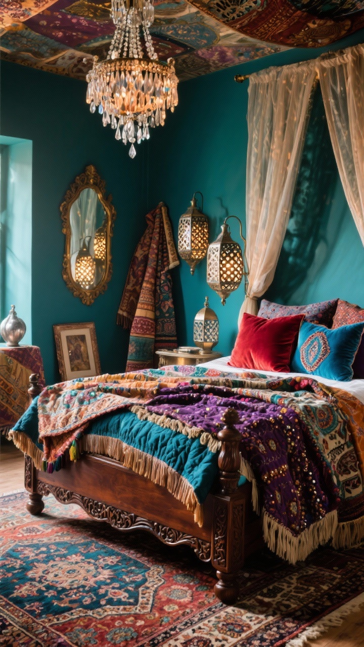 Photorealistic detail closeup, Vintage Gypsy Maximalist: layered Persian-style rugs with overlapping edges creating a rich tapestry underfoot; the footboard of a carved wooden bed in deep walnut peeking in frame; jewel-tone velvet pillows in ruby, sapphire, and amethyst on a paisley quilt; beaded chandelier crystals catching warm light above and pierced metal lanterns casting patterned shadows on inky teal wall; mixed metallics visible—aged brass, copper, and a hint of silver in small decor; tasseled throws, framed textiles corner, antique mirror with patina reflecting soft glow; dreamy canopy of sheer curtains trailing from ceiling edges; intentional maximalist mood, no people.