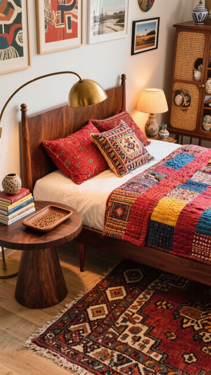 Photorealistic detail/overhead styling shot for a retro global collector theme: corner of a bold walnut bed with tapered legs, layered with kantha quilts and suzani pillows plus an embroidered lumbar cushion—rich reds, indigos, and saffron tones; beneath, a Kilim/Persian-inspired vintage rug with intricate geometric patterns; nearby round pedestal side table holding carved wood trays, stacked travel books, and a small textured ceramic piece; edge of a caned cabinet displaying collected ceramics visible; wall hints of mid-century art prints and framed travel photographs; warm pool of light from a brass mushroom lamp and the curve of an arc floor lamp entering frame; eclectic yet cohesive, saturated color and tactile textures.