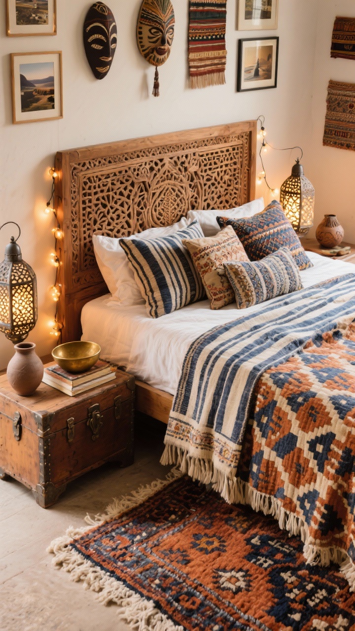 Photorealistic detail/overhead vignette for Global Collector’s Sanctuary: layered patterned textiles on a warm wood bed—block-printed quilt, striped throw, embroidered cushions—featuring a cohesive palette of indigo, ochre, and clay; Moroccan beni ourain rug underfoot with high-contrast shag; edge of a carved Indian jali screen visible as headboard; vintage trunk used as a nightstand holding hand-thrown pottery, brass bowls, and books with sun-faded spines; pierced metal lanterns with soft string lights creating a warm glow; wall hints of a gallery: travel photos, woven masks, small textile pieces; shot as an overhead/angled styling detail to showcase patterns, textures, and collected objects without people.