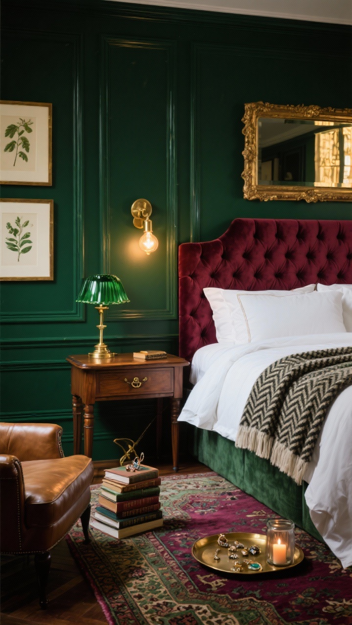 Photorealistic medium-close vignette, Dark Academia Glam: deep forest green (or oxblood) paneled wall with picture-frame molding; tufted velvet headboard in emerald (or burgundy) against the wall, crisp white sheets and a herringbone wool throw folded at the foot; vintage-look wood nightstand with antique brass sconce above, warm Edison bulb glow; campaign-style desk with brass hardware nearby holding a green glass banker’s lamp; leather club chair edge visible; Persian-style rug in berry and moss tones grounding the scene; stacked hardcovers, framed botanical prints, a gilded mirror catching warm highlights, brass tray with jewelry, and a candle in a smoky glass jar; moody, scholarly, glam, straight-on intimate composition.