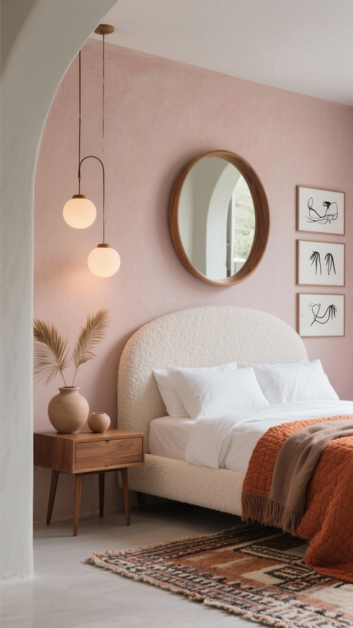 Photorealistic medium closeup of a soft terra-modern sanctuary vignette: wall painted soft greige/clay pink as backdrop; bouclé upholstered headboard in ivory behind tailored bedding with crisp white sheets, a terracotta quilt, and a taupe throw; curved elements emphasized—a round wood-framed mirror above, sculptural ceramic lamps with opal globe pendants providing dimmable warm light; edge of an arched floor mirror catching a soft reflection; plush wool Berber-style rug underfoot showing its pile; minimalist gallery of black line drawings arranged neatly; dried palm fronds in matte ceramic vessels on a walnut nightstand with pencil legs; cozy, warm, modern mood with gentle, diffuse lighting.