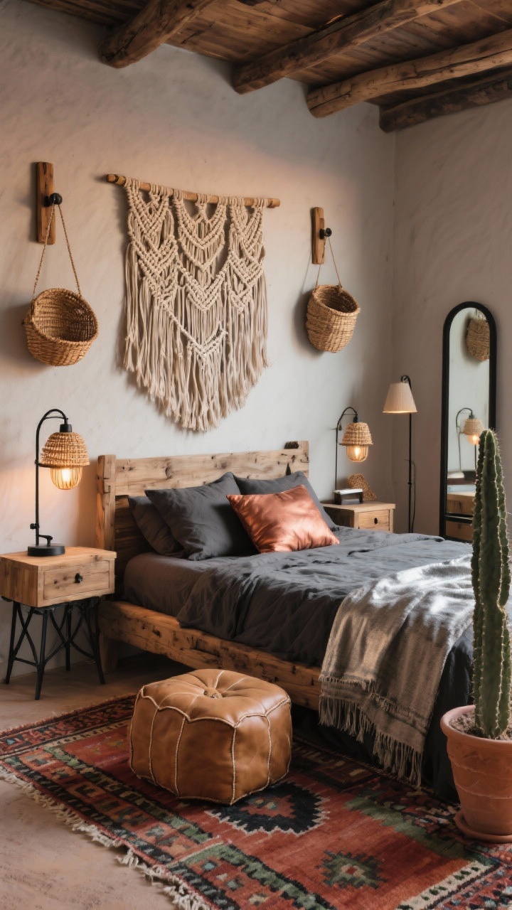 Photorealistic medium corner angle of a rustic desert boho bedroom: a rough-hewn wood bed anchored on a handwoven kilim rug in rust, clay, charcoal, and sage. Bedding in stonewashed charcoal cotton, copper-toned pillows, and a mudcloth lumbar. At the foot of the bed sits a camel leather ottoman. On the wall, a dramatic macramé tapestry flanked by raw-wood pegs holding woven baskets. Iron-and-wood nightstands with rattan sconces mounted above to free surface space. Black metal accents include a tall floor mirror and a slim reading lamp. Add a coyote-silver throw and a terra-cotta planter with a tall cactus. Warm, grounded dusk lighting from sconces and an iron floor lamp; materials: kilim, leather, iron, rattan; no people.