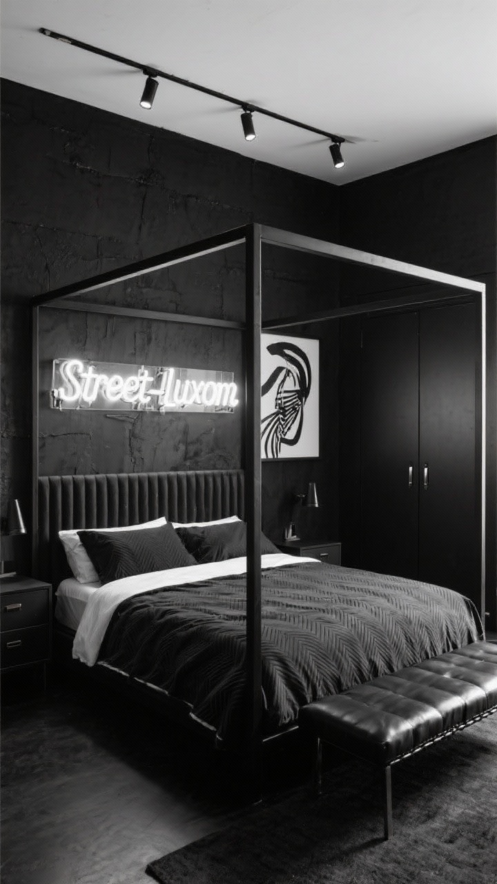 Photorealistic medium corner angle, Street-Luxe Monochrome: black microcement walls, steel canopy bed (no drapes) with strong architectural lines; bold high-contrast graphic art and a neon typographic sign over the headboard; ribbed black dresser and a leather bench at the foot of the bed; herringbone cotton bedding in inky hues; flat-front push-latch wardrobes keeping lines clean; track lights with adjustable spot heads highlighting art and textures; palette jet black, ink, white accents, chrome; urban editorial mood with sharp contrast