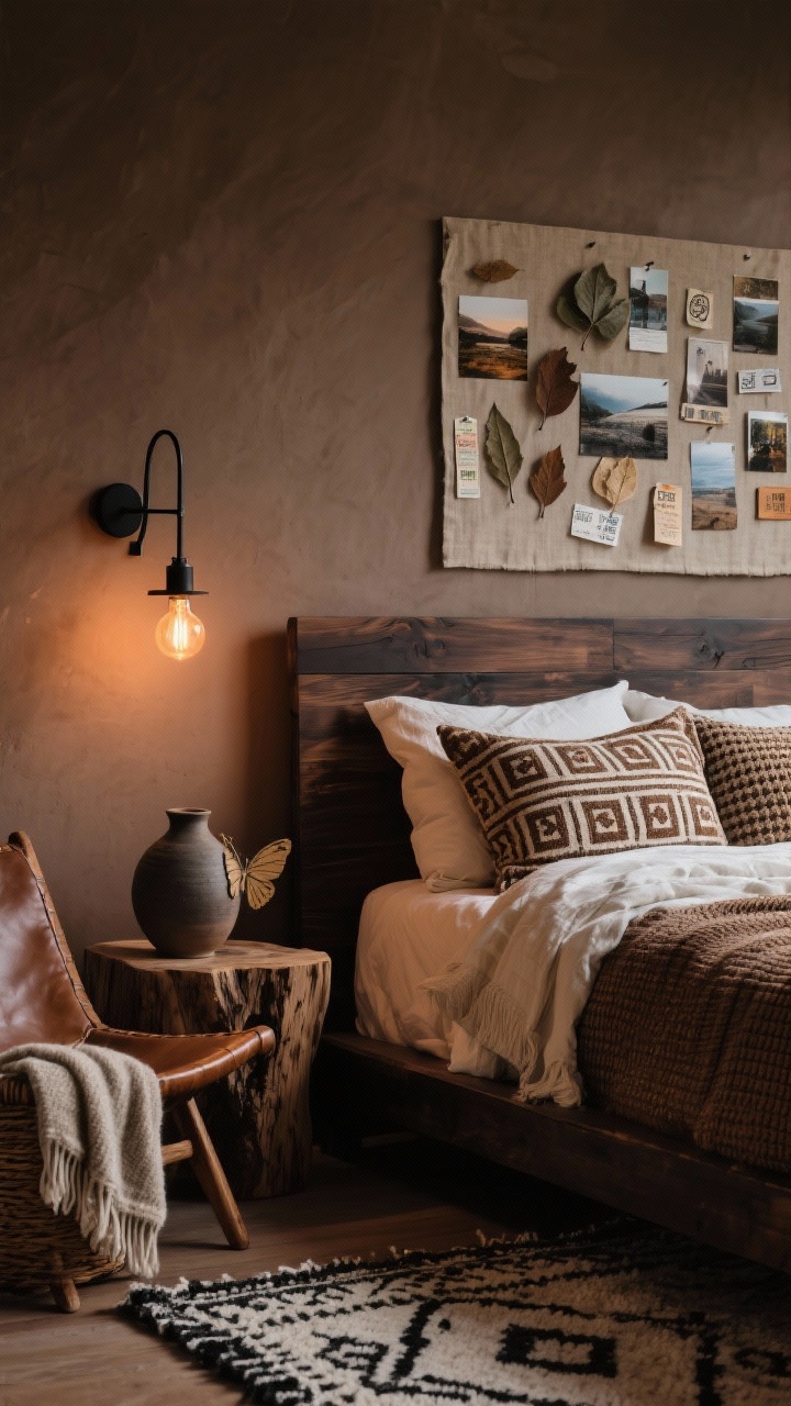 Photorealistic medium-detail vignette, “Moody Earthy Artisan Retreat,” from a side angle: clay-brown or taupe wall backdrop; dark-stain wood bed with layered waffle-knit bedding in cocoa and cream, plus patterned block-print shams; black metal sconces with warm Edison bulbs casting amber light; a hand-thrown ceramic table lamp on a live-edge nightstand showcasing natural wood grain; Berber-style rug in charcoal and ivory peeking into frame; linen pin boards on the wall filled with travel photos, pressed leaves, and ticket stubs; a leather butterfly chair in the corner with folded wool throws in a basket beneath; palette of clay, cocoa, taupe, charcoal, cream; rich, cozy evening ambience, no people.
