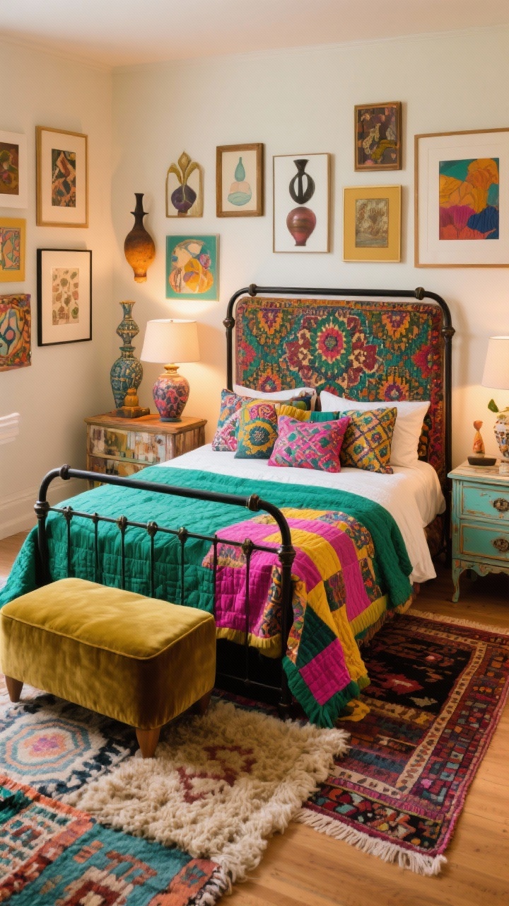 Photorealistic medium/overhead hybrid, “Artistic Eclectic Maximalist”: playful, bold jewel tones—emerald, fuchsia, saffron—centered on a sleek black metal bed frame; warm off-white walls; statement patterned headboard or tapestry behind the bed; bed piled with patterned pillows and layered quilts; mismatched vintage nightstands and a painted dresser; velvet ottoman at the foot; overlapping rugs (kilim over shag) for dimension; gallery wall with mixed frames, sculptural vases, quirky market finds; maintain harmony by repeating three core colors across textiles and decor; lighting: warm ambient with soft sidelamps; perspective: slightly elevated corner angle capturing layered rugs and bed textures.