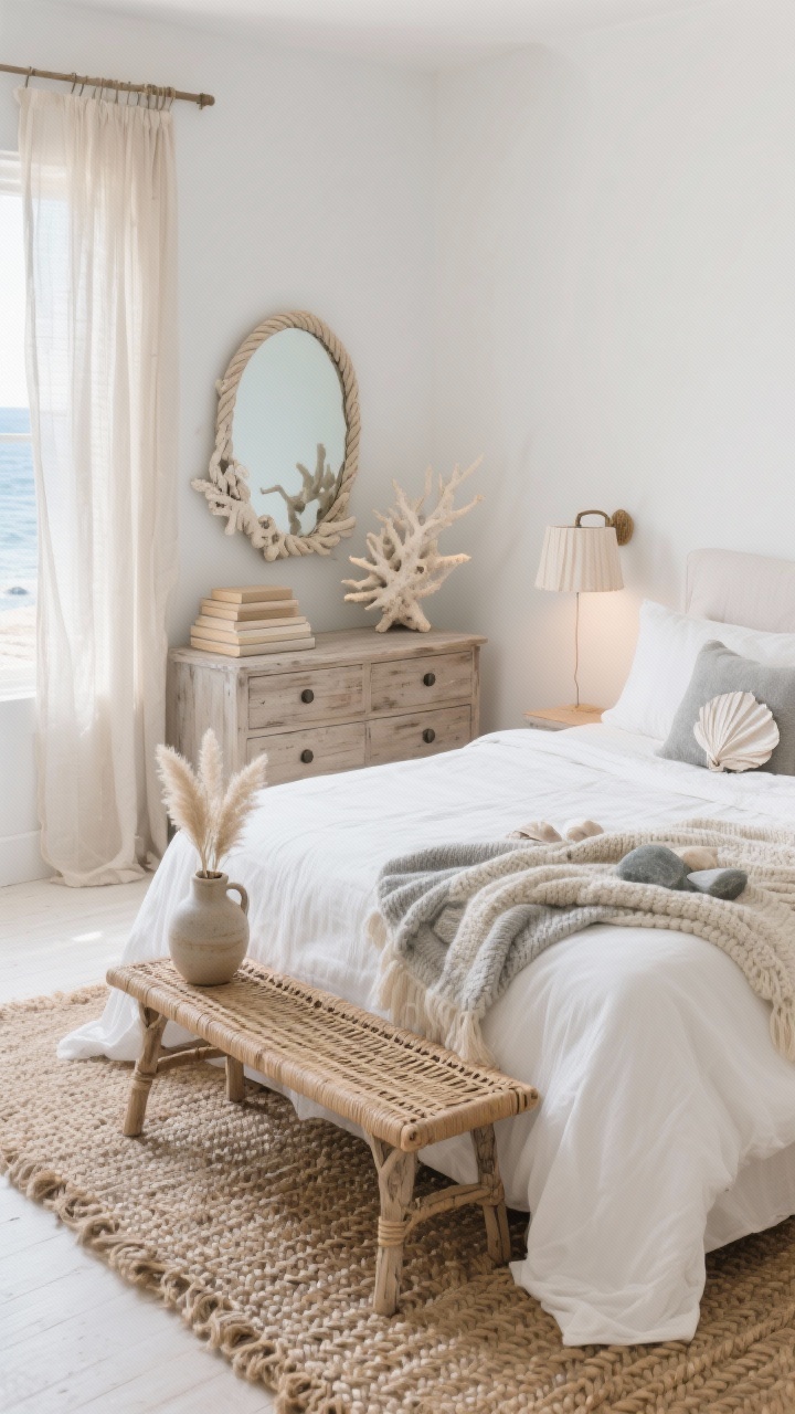 Photorealistic medium-overhead hybrid shot, Coastal Boho Serenity styling: whitewashed bed with crisp percale sheets, gauze coverlet, and a chunky knit throw in shell, stone, and sea-salt gray tones with a whisper of warm beige; driftwood-toned dresser partially in frame; sheer flax linen curtains diffusing beachy light; braided seagrass rug grounding the scene; woven wall mirror and a piece of bleached coral atop a stack of neutral books on the dresser; rope-wrapped sconces or a linen drum shade emitting a soft glow; rattan bench at the foot of the bed and a ceramic jug filled with pampas; calm, airy seaside ambiance; no people