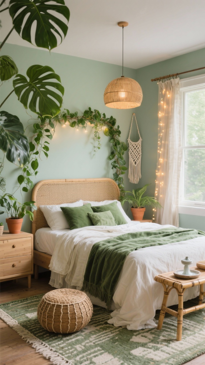 Photorealistic medium shot, “Botanical Boho Sanctuary”: calm, fresh mood with soft sage walls; bed with a cane headboard dressed in mossy green and creamy white bedding, layers of cotton, gauze, and velvet; trailing pothos and monstera framing the headboard and window; light oak dresser and bamboo side table visible; woven pouf by the window; linen drum pendant overhead and warm twinkly string lights draped along a curtain rod; terracotta pots and macramé plant hanger; flatweave rug in muted green and ivory patterns; small tabletop fountain on the side table; lighting: soft natural daylight with warm accent glow; perspective: straight-on medium composition centered on the headboard and plants.