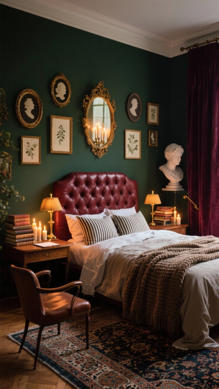 Photorealistic medium shot from a corner angle, dark academia baddie: deep espresso walls (or forest green) behind an oxblood tufted leather headboard; layered linen sheets, a chunky knit throw, and pinstripe pillows; warm brass bedside lamps; stacks of vintage books as decor; a patterned Persian rug anchoring the space; a gallery wall of antique frames with cameo silhouettes and botanical prints; a petite wood writing desk with a curved-back chair and leather blotter; candle clusters (LED) flickering; a bust sculpture; velvet blackout drapes in merlot; antique-look hardware and a baroque gold mirror catching warm candlelight. Warm, candlelit ambiance with cozy shadows, no people.