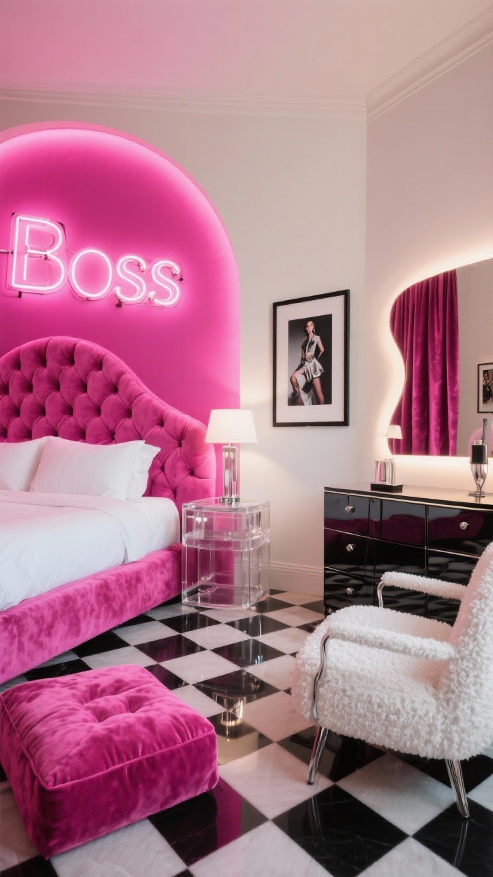 Photorealistic medium shot, hot-pink power pop corner: an electric fuchsia accent wall contrasted with creamy white adjacent walls; a curvy channel-tufted bubblegum velvet headboard with crisp white hotel bedding; a neon “Boss” sign glowing above the bed; clear acrylic nightstands with chrome accents; checkerboard floor cushions and a white boucle accent chair providing texture; a glossy lacquer dresser with a mirror framed by dramatic lighting; oversized fashion photography in black frames; hot-pink velvet curtains pooling on the floor. Bright, punchy lighting with neon glow, clean reflections, no people.