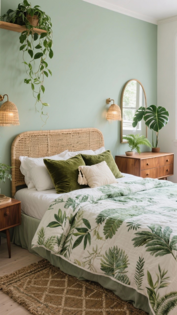 Photorealistic medium shot of a “Botanical Boho Sanctuary” bed wall: muted sage painted wall with a rattan headboard; cloud-like duvet in eucalyptus green and ivory; layered botanical-print quilt; pillows in moss velvet and cream with tassels; adjacent warm walnut mid-century dresser with a wide arched mirror above reflecting soft window light; trailing pothos cascading from a shelf, an alocasia adding sculptural leaves, mini ferns on the windowsill; rattan sconces emitting soft glow; natural-fiber rug with subtle diamond pattern at the bed edge; palette of sage, eucalyptus, moss, walnut, ivory; textures of rattan, velvet, cotton percale, walnut wood; calm morning light, no people.
