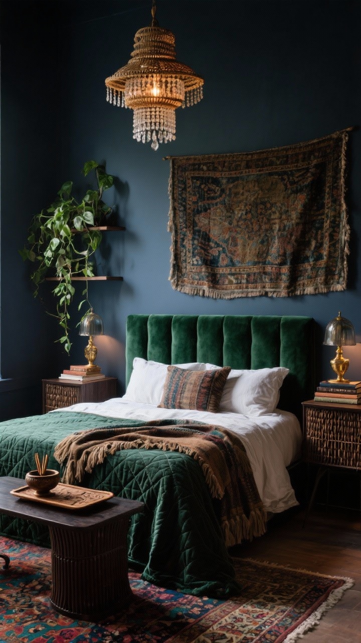 Photorealistic medium shot of a Moody Boho Luxe bed wall: charcoal/ink-blue accent wall behind the bed; velvet headboard in emerald with tactile bedding—washed-linen sheets, velvet quilt, fringed throw; dark wood nightstands with cane fronts or fluted detail; antiqued brass and smoked-glass accents on the nightstands (incense bowl, carved wood tray, stacked coffee table books); overdyed vintage-style Persian rug in jewel tones peeking at the foot; warm, dim lighting from a beaded chandelier or tiered rattan pendant overhead; leafy pothos trailing from a shelf; textile art or a dramatic tapestry on the wall; moody, romantic boutique-hotel ambiance; straight-on composition emphasizing depth and plush textures.