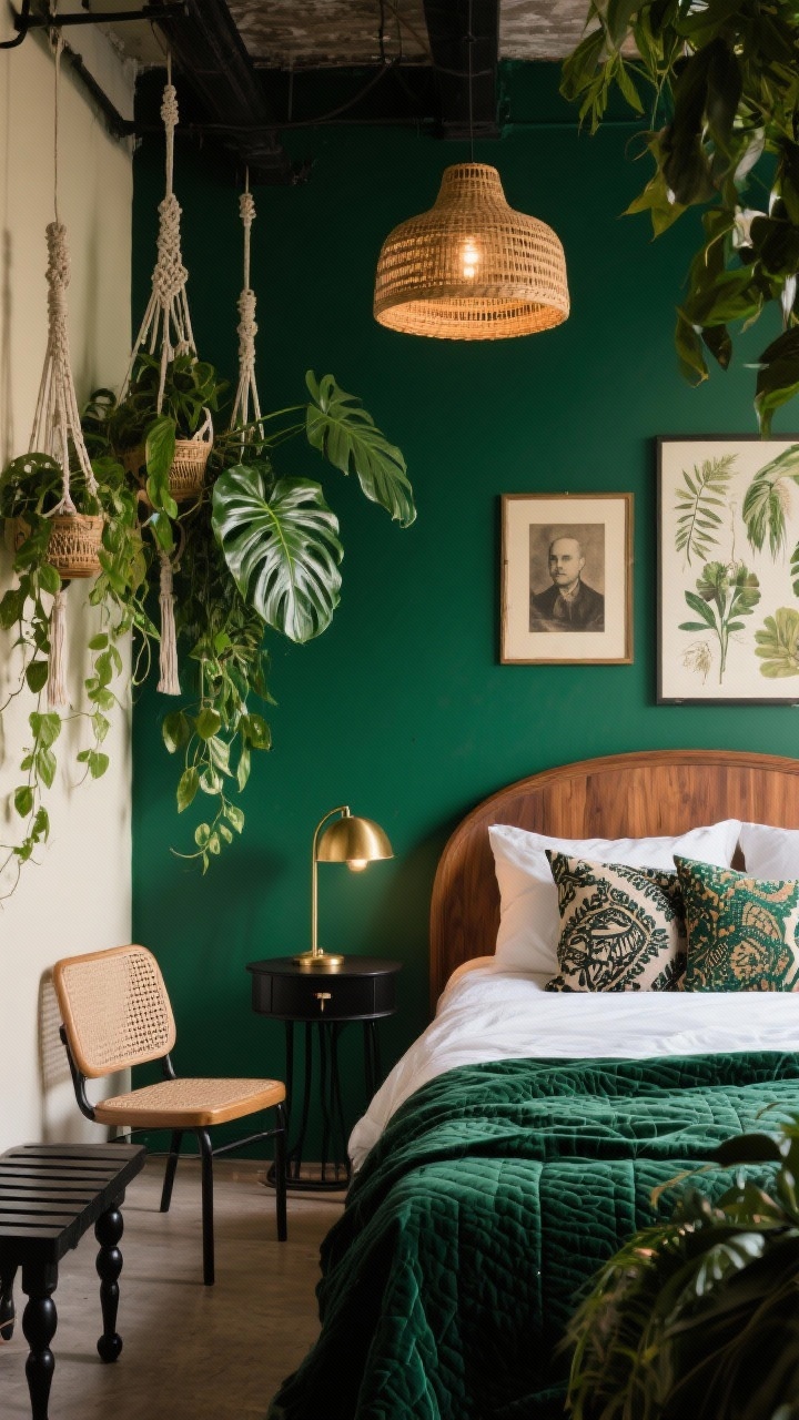 Photorealistic medium shot of a moody jungle loft bedroom corner: one wall painted jewel-toned forest/bottle green with adjacent walls soft cream; teak bed with a curved headboard partially in frame, layered with crisp white sheets and an emerald velvet quilt; patterned cushions in batik and block print; black metal-legged nightstand with a brass task lamp with a dome shade; lush plants—cascading pothos, large monstera—some in hanging macramé planters; rattan pendant light overhead casting warm, textured glow; vintage portrait and botanical prints on the green wall; caned accent chair and black spindle-leg bench visible; rich, dramatic lighting with soft shadows.