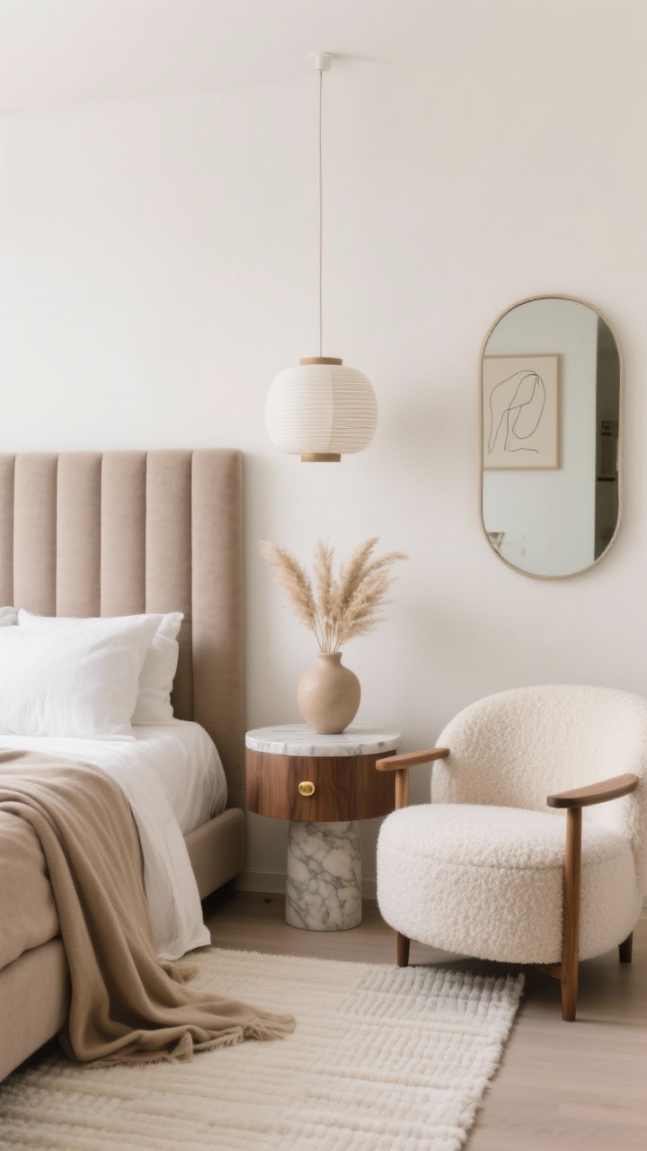 Photorealistic medium shot of a serene bed wall, Soft Luxe Neutral Serenity: creamy microcement or bone-white wall with a taupe channel-tufted headboard; bed layered with a warm oat linen duvet and a draped cashmere throw; curved bouclé barrel chair nearby, rounded wood nightstand with brass-pull details and a sculptural ceramic vase holding dried pampas; stone-topped pedestal side table; ivory wool rug with subtle ribbed/check texture softly visible; linen drum pendant overhead and marble-base bedside lamp casting warm white light; minimal line art in soft beige mats; framed full-length mirror with rounded corners leaning adjacent; quiet luxury, layered neutrals, soft natural-warm lighting, straight-on view.