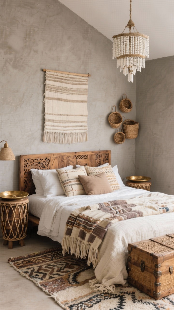 Photorealistic medium shot of a Textured Nomad Retreat bed wall: greige wall backdrop, carved mango wood bed showing rich grain, Moroccan-inspired wool rug in ivory and taupe peeking from below, layered textiles on bed including kantha quilts, kilim pillows, and a hand-loomed fringed throw in creams, mushroom, and sandy taupe; bedside drum tables in raw wood topped with hammered brass trays; neutral textile art and a small cluster of woven baskets on the wall; rattan trunk at foot of bed; warm glow from a weathered-white beaded chandelier overhead; angled corner perspective emphasizing layers and tactility, no people