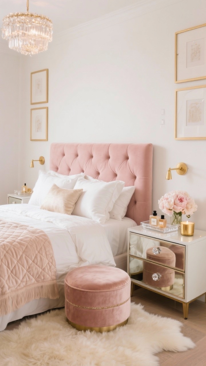 Photorealistic medium shot, “Soft-Girl Luxe In Blush And Champagne”: tufted blush velvet headboard with slim profile, layered ivory bedding with satin pillowcases and a quilted throw, mirrored nightstands with crystal knobs, petite round champagne velvet ottoman (storage) at the foot, warm white walls with thin gold gallery frames, flush-mount crystal ceiling fixture sparkling softly, tiny gold plug-in sconces freeing tabletop space, on the nightstand a lucite tray styled with perfume bottles, a silk peony bouquet, and a gold-jar candle; cream faux-sheepskin rug peeking in frame; soft, pampered glow, slight corner angle