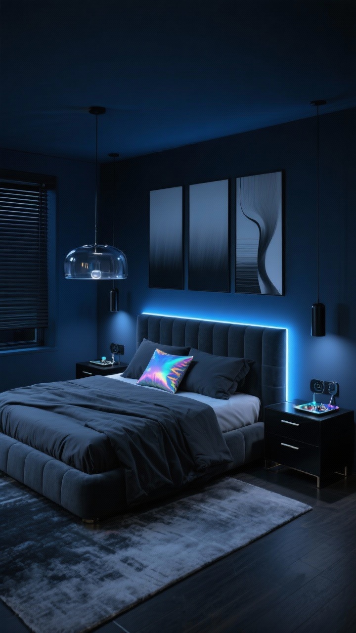 Photorealistic medium-to-wide shot of a Cyber Midnight Luxe bedroom at night: deep navy walls, a graphite upholstered bed with sharp lines, charcoal sheets, midnight duvet, and a single iridescent accent pillow; smart LED strips behind the headboard and under the bed creating a floating effect, color set to cool blue; smoked-glass pendant and matte black sconces providing layered glow; lacquered black dresser with a holographic jewelry tray; minimal grayscale abstract triptych on the wall; dark ombré rug grounding the floor; wireless-charging nightstands and hidden cable channels implied, smart shades down; sleek, high-contrast mood, straight-on perspective.