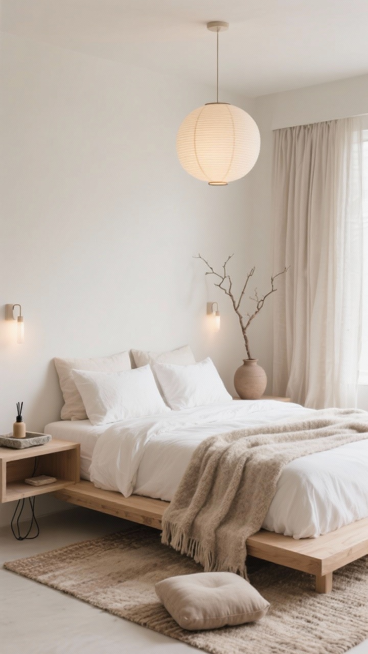 Photorealistic minimalist boho zen medium shot: serene palette of ivory, beige, and soft taupe; simple low oak platform bed with a warm-white cotton duvet and two oversized euro shams; bouclé or wool throw draped neatly; nubby wool/textured cotton rug in oatmeal tones; floating nightstand shelves with hidden cord management, minimally styled with a stone tray; paper lantern pendant overhead and slim, dimmable sconces casting soft, even light; linen curtains that pool slightly; single sculptural branch in a matte clay vase; discreet essential oil diffuser; a low floor cushion for meditation; straight-on perspective emphasizing calm negative space and tactile simplicity.