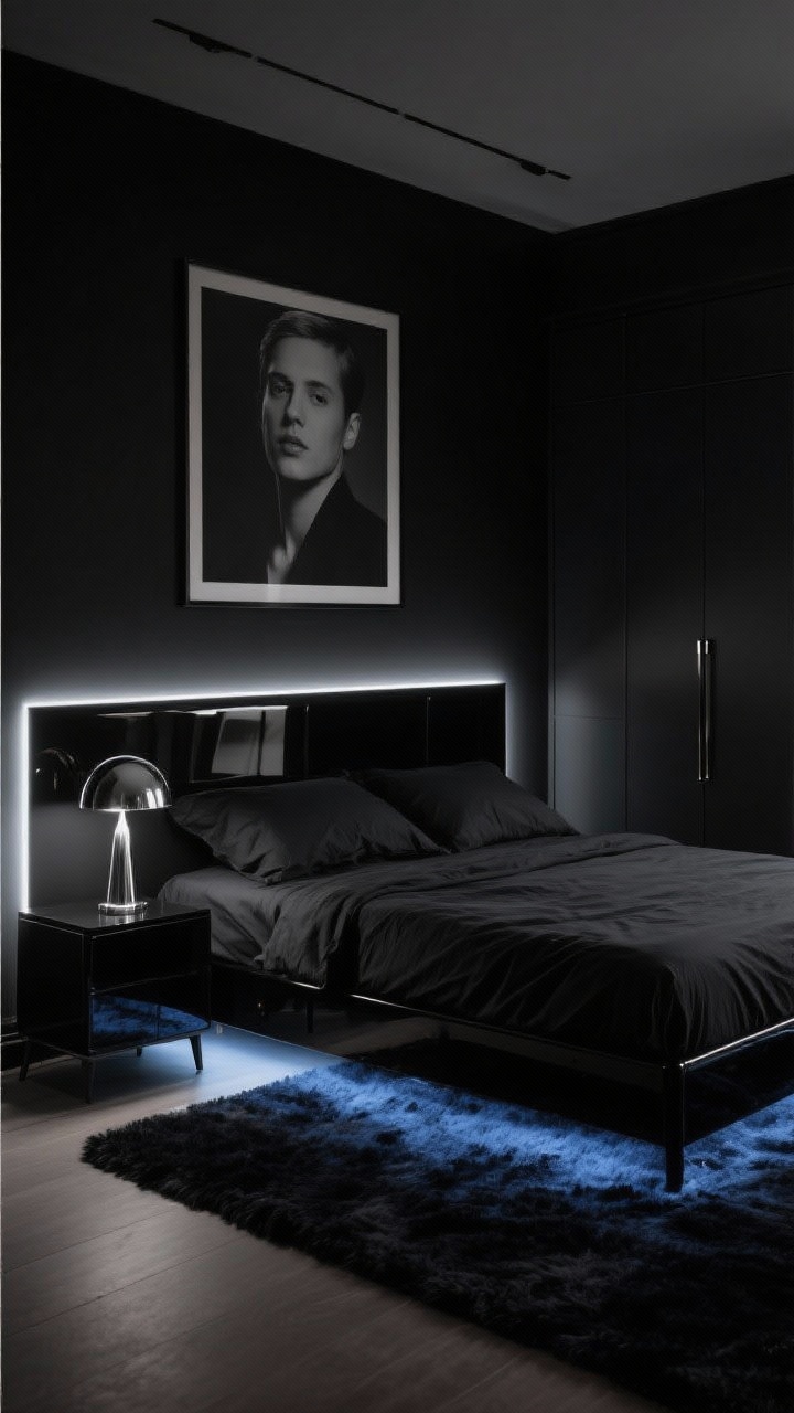 Photorealistic overhead and slightly oblique detail shot, Midnight Monochrome Glam: satin-black walls meeting a lacquered parsons bed dressed in jet-black percale sheets, deep pile rug that reads black by day and ink-blue by night partially under the bed. Smoked mirror nightstand reflecting a chrome mushroom lamp’s glow. Oversized black-and-white portrait edge visible above the headboard. Minimal storage vibe with sleek wardrobe fronts in the background (hidden handles, low visual clutter). LED strip lighting under the bed frame and behind the headboard creating a halo effect, high-contrast, moody night scene.