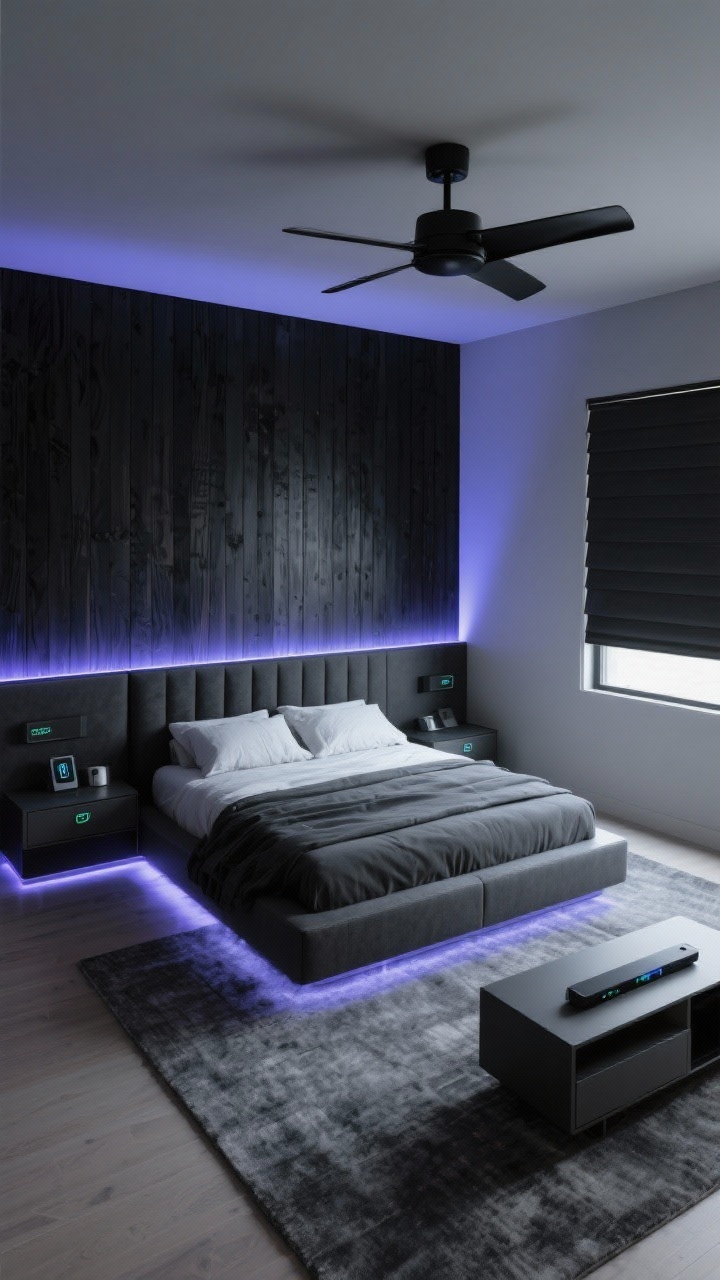Photorealistic overhead/angled detail, Tech-Chic Shadow Suite: slatted black wood feature wall behind a floating upholstered headboard panel with hidden RGB LED strips washing the wall in moody color (subtle cyan-violet gradient); platform bed with hidden drawers, floating nightstands with wireless chargers, motion-sensor toe-kick lighting glowing beneath; matte-black ceiling fan above, blackout roller shade at the window, graphite area rug defining the zone; low media console for projector/soundbar; palette black, charcoal, soft gray with customizable LED glow; clean shadowy minimalism with crisp, futuristic lighting cues