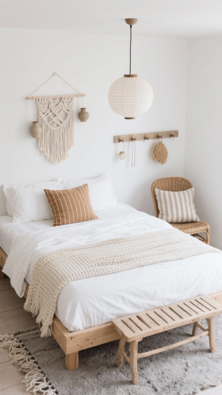 Photorealistic overhead/detail shot capturing Scandinavian country boho calm: crisp white percale sheets on a light oak platform bed, topped with a cream waffle blanket and a tan striped lumbar pillow. A flat-weave wool rug in soft gray partially visible below. Along the wall, a minimal Shaker peg rail displaying simple earthenware and a striped grain-sack cushion rests on a wicker chair nearby; a slatted bench sits at the bed’s foot. Above the headboard hangs a simple macramé; a paper lantern pendant casts diffused, serene light, complemented by slim wall sconces. Palette: white, sand, driftwood, soft gray; materials: oak, wool, stoneware, wicker; minimalist, airy, peaceful mood; no people.