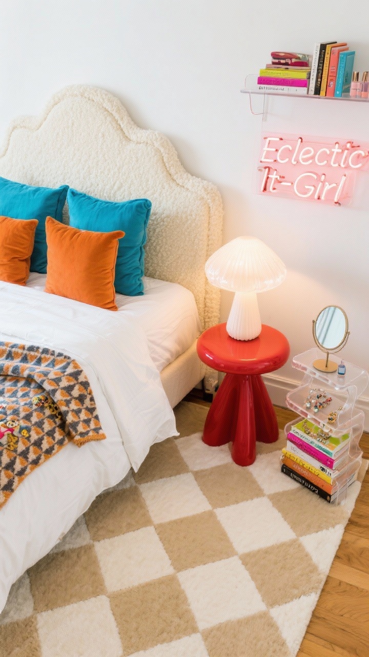 Photorealistic overhead detail shot, “Eclectic It-Girl With Color Pops And Curves”: warm white base with a cream curvy bouclé headboard edge and crisp white bedding visible at frame edge; styled vignette featuring a mushroom-shaped side table, a tiny glossy red stool, and a wavy acrylic shelf holding books and beauty items; two accent pillows in electric blue and citrus orange plus a patterned throw; a mushroom lamp in milky glass glowing beside a small neon mini sign in a playful font; checkerboard rug in beige and white beneath; include a stacked jewelry stand and mini vanity mirror; playful, curated energy, bright balanced lighting