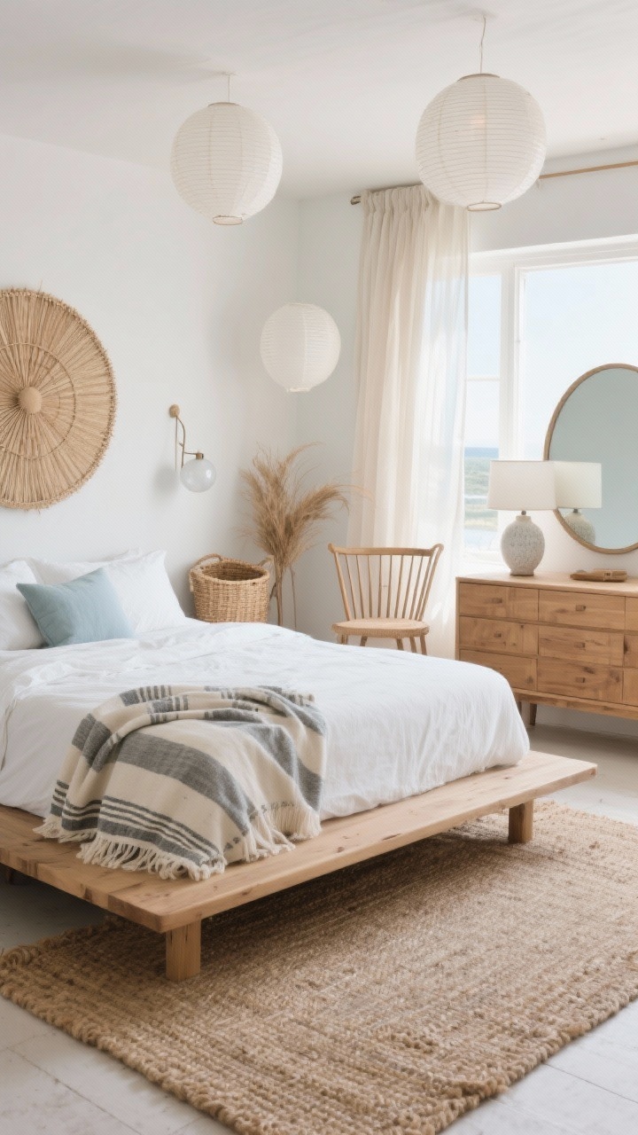 Photorealistic wide, airy coastal boho minimal bedroom, shot from a corner angle: natural oak platform bed with white linen bedding; layered neutrals—soft beige, dove gray, pale blue accents; slim mid-century oak dresser and a spindle-back chair; large jute rug grounding the space; striped Turkish throw draped casually; over the bed, a large woven fan; pale sheer curtains allowing abundant daylight to bounce around; a big round mirror reflecting light; seagrass baskets and a ceramic table lamp in chalky white; paper lanterns and frosted globe sconces for soft illumination; calm, serene mood with clean lines and minimal clutter.