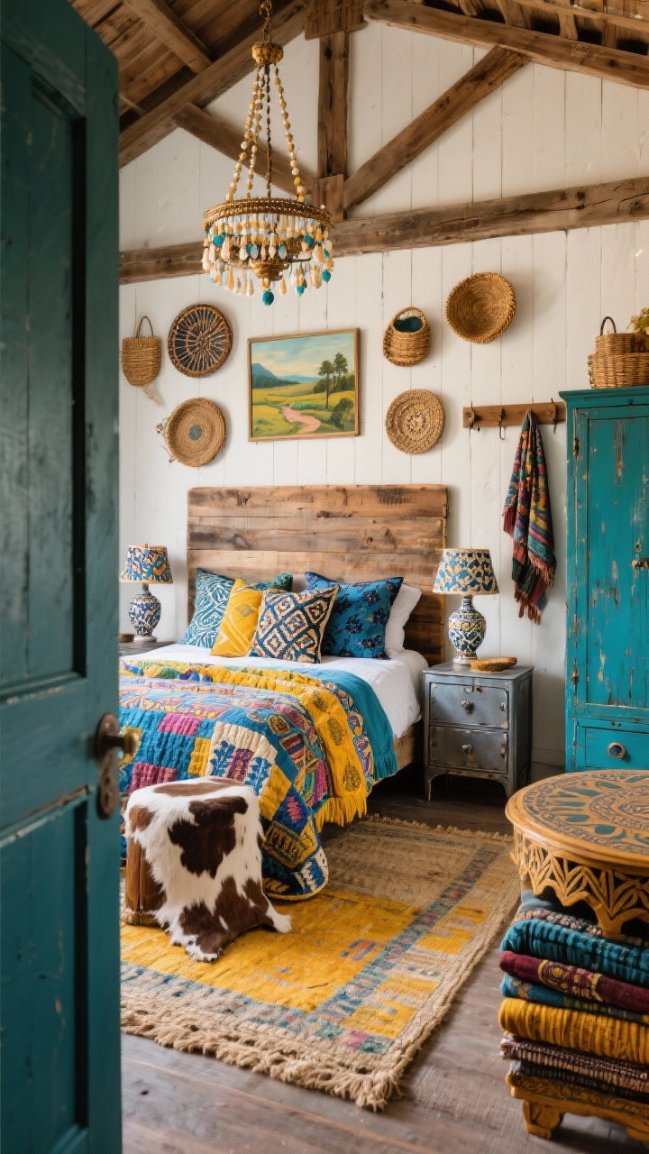 Photorealistic wide angle from the doorway of an eclectic barn boho bedroom: a reclaimed barnwood headboard with a color-drenched suzani quilt and a vibrant mix of patterned pillows (ikat, block print, embroidered) tied together by an indigo or marigold thread. Layered rug setup: jute base with a bright over-dyed rug on top. Intentionally mismatched nightstands—an industrial metal cabinet on one side and a carved Moroccan table on the other. Overhead, a beaded chandelier adds boho sparkle; patterned ceramic lamps on the surfaces. Walls display a gallery of woven baskets, vintage country landscape paintings, and a rustic wooden coat rack draped with scarves. A painted armoire in deep teal, an aged cowhide stool, and stacked textiles complete the collected look. Palette: indigo, marigold, teal, walnut; warm layered lighting; no people.