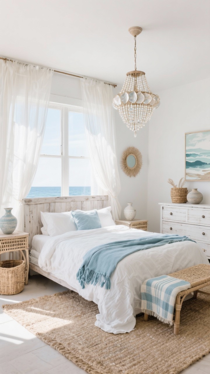 Photorealistic wide bedroom shot, “Coastal Boho Breeze”: light, airy scene with soft whites, driftwood tones, sea-glass blues, and sandy neutrals; billowy sheer curtains catching a breeze; bed in crinkled white cotton with sky-blue accents and a fringed throw; pale weathered-wood headboard; whitewashed dresser, cane nightstands, simple woven bench; capiz shell pendant or beaded chandelier adding delicate shimmer; textured ceramics, seagrass baskets, abstract coastal artwork; natural fiber rug anchoring the floor, subtle striped throw layered; lighting: bright coastal daylight, soft shadows; camera angle: straight-on wide framing the whole room, open and breezy.