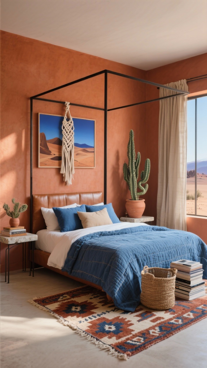 Photorealistic wide bedroom shot, “Desert-Boho Blue With Terracotta Warmth”: warm terracotta walls; bed with a cushy denim-blue quilt and cactus silk pillows in muted ultramarine and sand; low-profile leather headboard; Southwestern pattern rug with rust, indigo, and cream; simple black metal canopy frame adding vertical lines, softened by a knotted macramé hanging over the headboard; slim iron nightstands with stone tops; abstract desert landscape art with blue twilight horizons; sculptural cactus or snake plant in a matte terracotta pot; linen drapes in pale sand, woven hamper, stack of design books; balanced cool blue and warm terracotta mood; late afternoon natural light, corner-angle perspective, no people.