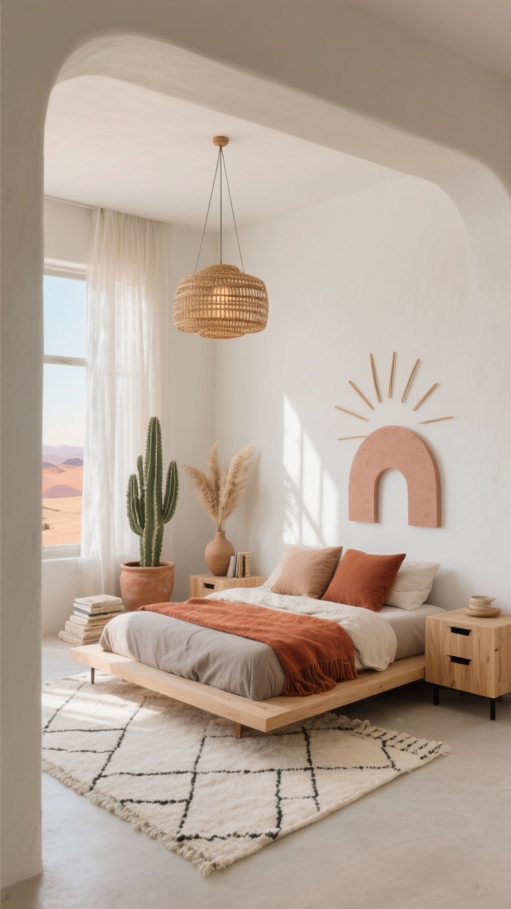 Photorealistic wide bedroom shot, “Desert Sunrise Minimalist Boho”: warm white/pale greige walls, sunlight streaming through sheer linen curtains; low-profile light-wood platform bed dressed in stone-colored duvet with a terracotta throw and pillows in muted clay, rust, and cream; flatweave Moroccan-style ivory rug with subtle geometric lines; woven rattan pendant casting a soft, dappled glow; slim oak cube nightstands with black metal pulls; abstract arches/sun-shape art in clay and blush tones; decor kept spare and tactile—single oversized cactus in a clay pot, ceramic vase with dried pampas, stacked travertine books; calm, grounded palette, uncluttered, shot straight-on from doorway to capture serene modern boho atmosphere.