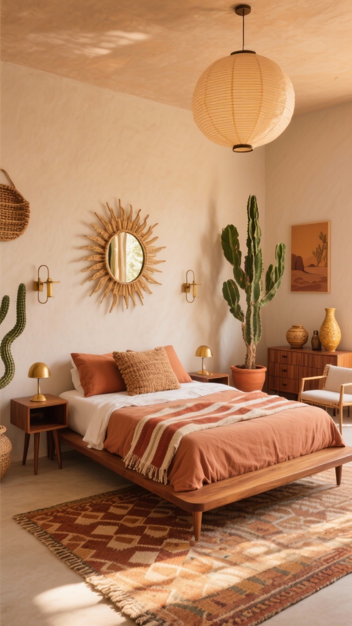 Photorealistic wide bedroom shot in a sun-kissed desert retreat style: warm, earthy palette of terracotta, sand, and muted ochre; a low-profile warm walnut platform bed with clean mid-century lines anchors the room, flanked by tapered-leg walnut nightstands with a simple brass globe lamp; gauzy linen duvet in clay, rust-and-cream striped throw, and a chunky handwoven pillow for texture; above the bed a large sunburst mirror; floor features a flatweave Moroccan-style rug with a subtle diamond pattern; tall sculptural plants (snake plant, cactus, rubber tree) in terracotta pots; slatted walnut dresser and a tapered-leg accent chair; brass sconce pair on the wall and an oversized paper lantern overhead; woven baskets, desert-toned art, and ceramic vases; golden late-afternoon light streaming in, shot straight-on.