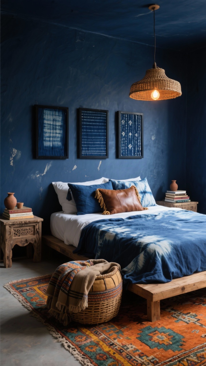 Photorealistic wide bedroom shot, “Indigo Nomad Retreat”: deep slate-blue walls with a subtle limewash accent, low carved mango-wood platform bed dressed in a hand-dyed shibori indigo duvet; layered pillows including mudcloth, tassel pillows, and a single leather lumbar; at the foot a vintage kilim rug with burnt orange, saffron, and teal; weathered wood nightstands holding clay vessels and stacked, dog-eared travel books; trio of indigo-dyed textile panels in simple black frames above the bed; woven rattan pendant with a warm Edison bulb casting a soft nomadic glow; add a low pouf and a basket of cozy throws; moody midnight-blue ambiance, corner-angle perspective, evening warm lighting, no people.
