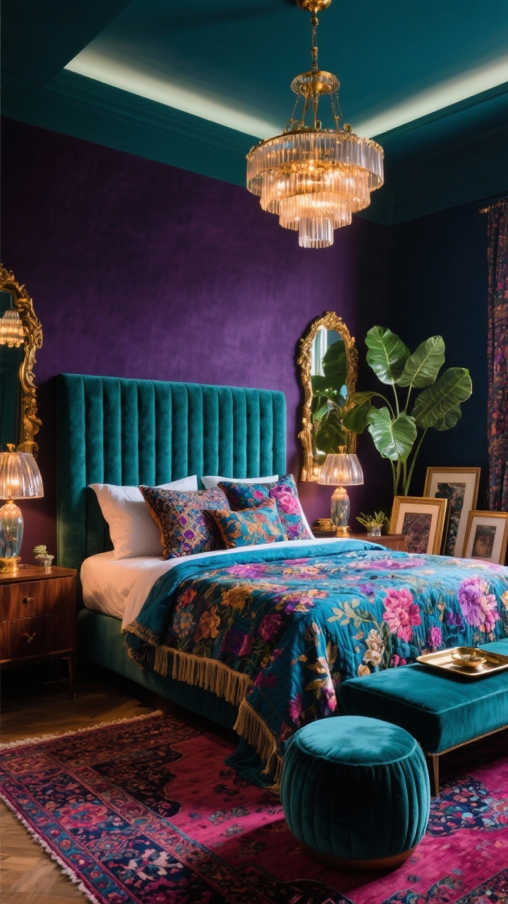 Photorealistic wide bedroom shot, “Jewel-Toned Maximalist Boho Glam”: inky teal/aubergine walls with a brighter ceiling; velvet channel-tufted headboard in emerald or sapphire; moody floral duvet or jewel-toned quilt layered with fringe pillows and a patterned lumbar; vintage Persian or overdyed rug in magenta and navy; brass chandelier overhead, smoked-glass bedside lamps glowing warmly; dark mango wood nightstands, a gold-framed mirror reflecting light; accents: velvet poufs, lacquered tray on the bed or bench, stacked art frames leaning; sculptural greenery like a fiddle leaf fig or monstera softening the scene; dramatic, boutique-hotel-at-night ambiance.