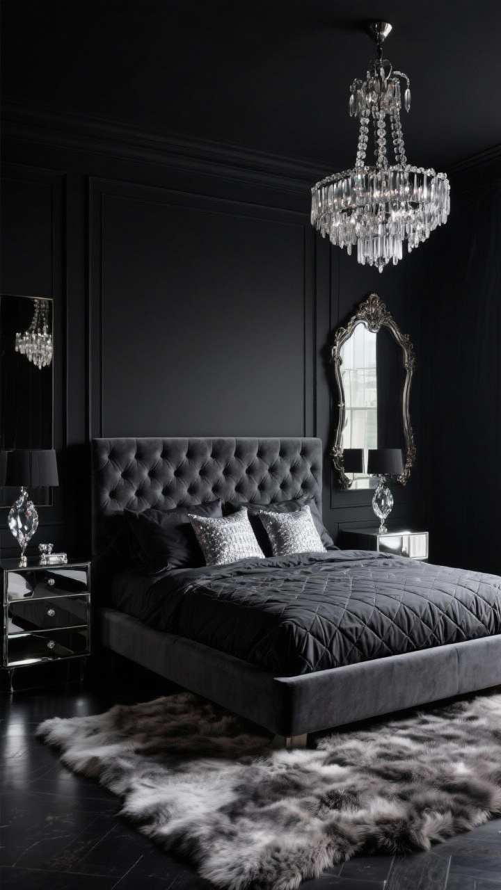 Photorealistic wide bedroom shot, Modern Noir Glam: matte black walls, low-profile platform bed with a tufted charcoal velvet headboard, black sateen sheets layered with a graphite quilt and silver-thread throw pillows; smoked mirror nightstands on both sides reflecting light like jewelry; a crystal waterfall chandelier overhead casting glam reflections; onyx faux fur rug underfoot; an oversized antique mirror leaning against one wall for depth; palette of matte black, charcoal, graphite, and silver; moody evening lighting with crisp highlights on mirrors and crystal, straight-on view