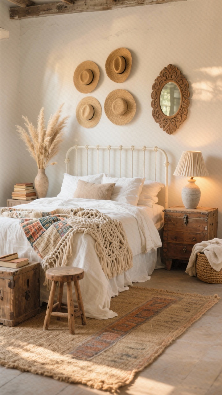 Photorealistic wide bedroom shot, straight-on view: a sunwashed farmhouse boho space glowing like golden hour, with a worn white spindle bed piled high in oat and ivory linen bedding, layered with a handwoven kantha quilt and a chunky macramé throw. On the floor, a large natural jute rug with a smaller faded Turkish runner layered on top. Mismatched nightstands: an antique pine stool on one side and a vintage trunk on the other, each topped with chalky ceramic lamps with pleated linen shades and warm-toned bulbs. Walls feature a casual gallery of straw hats and a hand-carved wall mirror. Styling details include a vase of dried pampas grass, a stack of old books, and a woven basket with throws. Palette: oat, ivory, buttercream, dusty terracotta; textures of linen, jute, raw wood, ceramic; soft, warm, cozy, nap-ready mood; no people.