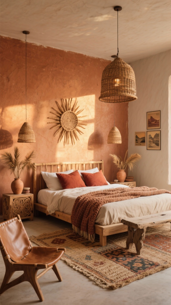 Photorealistic wide bedroom shot, “Sun-Drenched Desert Nomad”: warm golden-hour sunlight pouring across textured plaster walls in terracotta and sand hues; low natural wood bed frame layered with linen sheets and rust-colored pillows, chunky knit throw at the foot; two oversized rattan pendants hanging low as moody side lighting; carved wood nightstands with clay jars holding dried palms; woven jute rug and Moroccan-inspired rug in faded spice tones layered; leather butterfly chair, raw-edge bench at the foot of the bed; minimalist sunburst wall hanging, woven baskets, a few vintage travel prints; materials emphasized: jute, linen, leather, rough ceramics; camera angle: corner wide shot, 24mm lens, warm white balance.