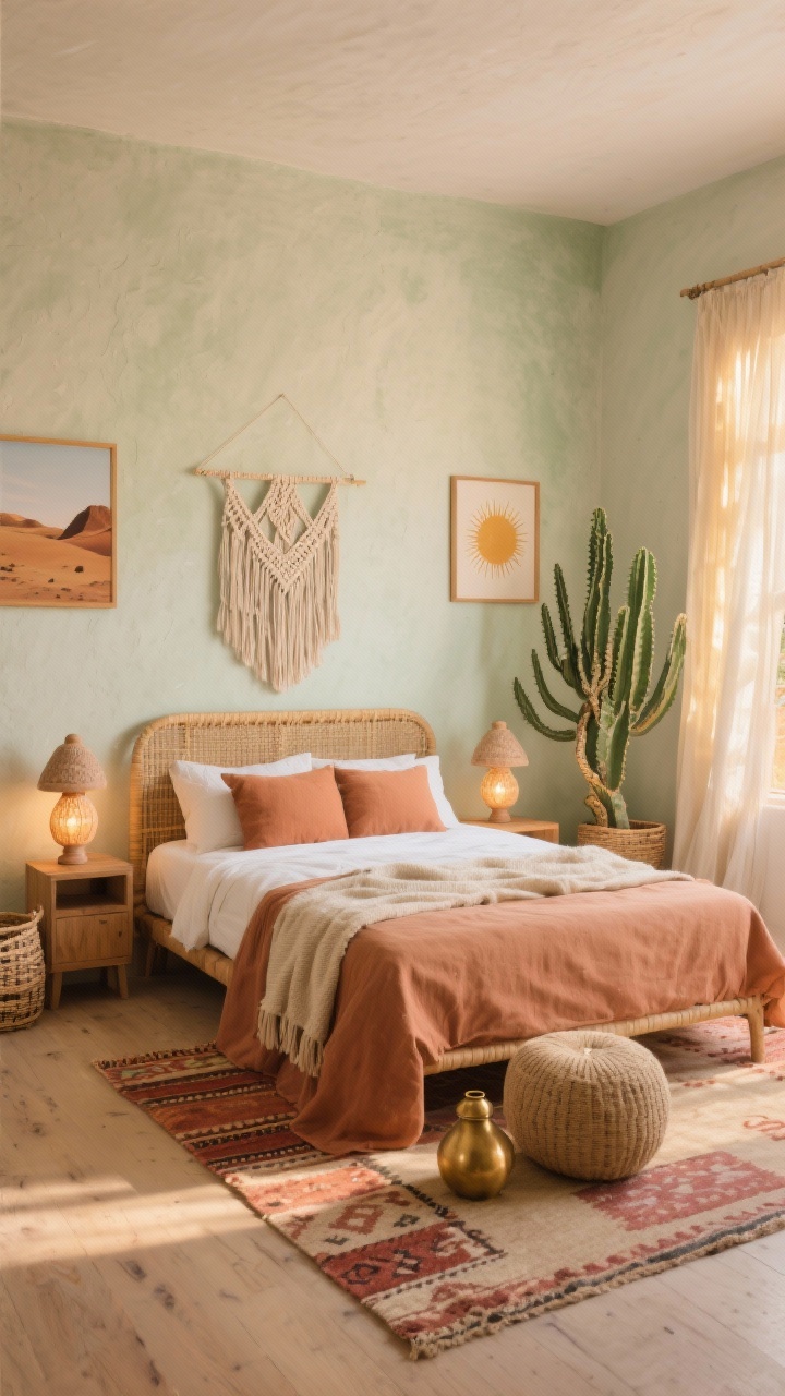 Photorealistic wide bedroom shot, Sun-Kissed Desert Nomad theme: warm earthy palette of terracotta, sand, and soft sage greens; limewash pale-sand walls with subtle stucco texture; low-profile rattan bed with clay-colored linen duvet, ivory sheets, and a chunky cotton throw at the foot; sun-bleached wood floors and natural wood nightstands; handmade ceramic lamps glowing like desert lanterns; flatweave kilim rug with rust and blush motifs; minimal desert landscape art and sunburst prints in slim oak frames; woven baskets for storage, a chunky jute pouf, brass accents for warm glints; spiky snake plant and sculptural euphorbia; sheer gauzy curtains catching golden-hour light; simple macramé wall hanging over the headboard; shot from a corner angle to capture light streaming across textures.
