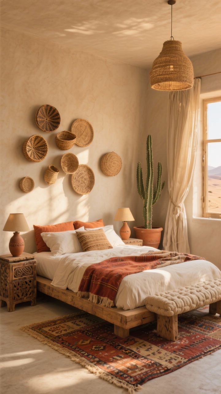 Photorealistic wide bedroom shot, “Sunlit Desert Nomad”: sand-toned walls glowing like golden hour; low-profile raw-wood platform bed layered with cream, terracotta, and rust linen and throws; a vintage kilim bench with faded patterns at the foot; mismatched carved-wood nightstands topped with earthy ceramic lamps; a tufted Moroccan rug underfoot; wall cluster of woven baskets in varied sizes; a tall cactus in a terra cotta planter in the corner; billowing linen curtains at an open window; a jute pendant light casting soft, dappled shadows; palette of camel, terracotta, rust, and cream; natural textures of jute, linen, raw wood, ceramic; finishing touch: a vintage Turkish throw draped casually across the bed; warm late-afternoon natural light, no people.