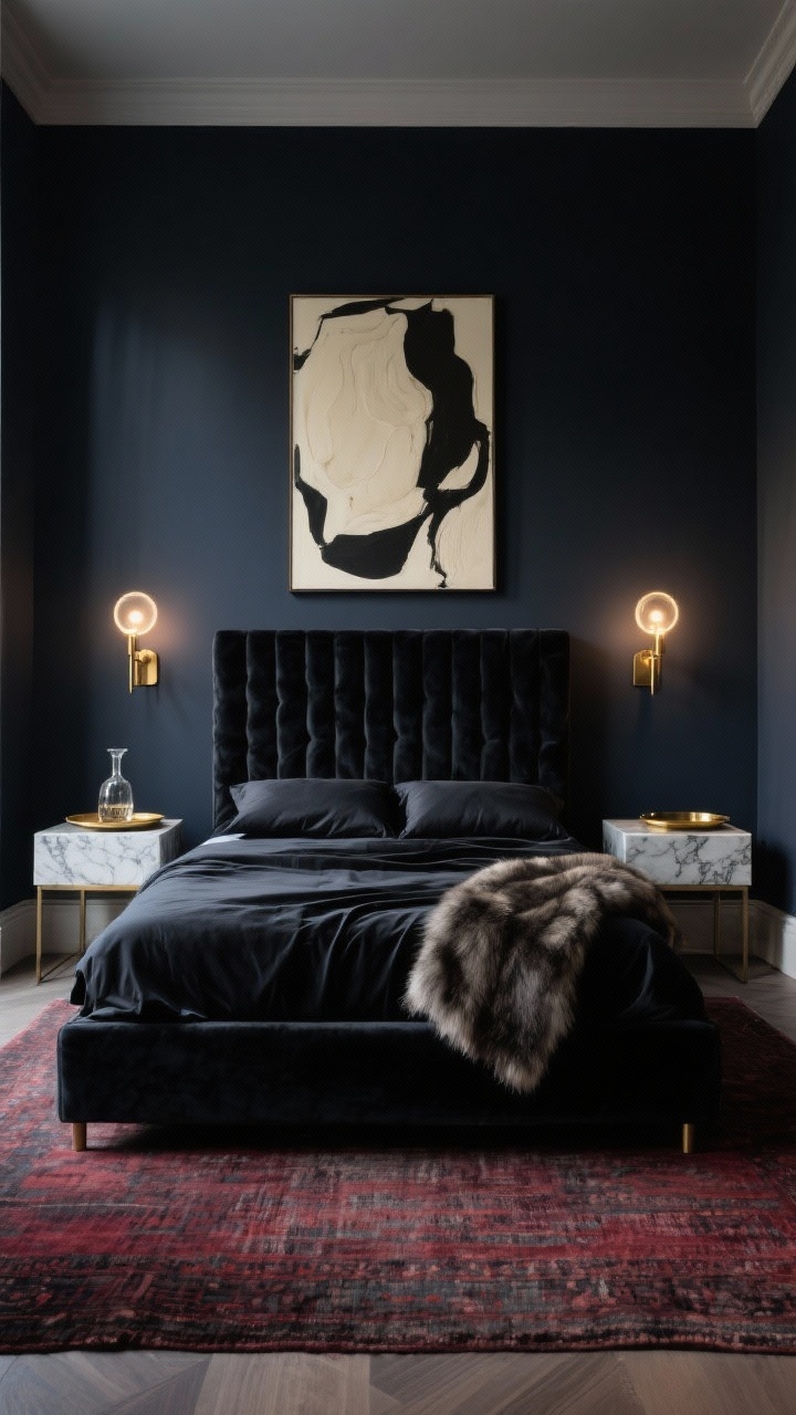 Photorealistic wide bedroom shot, Velvet Noir Luxe: deep charcoal walls with inky navy undertones, low-profile upholstered platform bed in black velvet featuring a tall channel-tufted headboard, tight palette of black, brass, and merlot. Brushed brass wall sconces with halo bulbs casting a lit-from-within glow, marble-topped nightstands on both sides, hand-knotted rug in oxblood and smoke underfoot. Velvet duvet, sateen sheets, faux fur throw at the foot of the bed. Oversized cream-and-black abstract art above the headboard. Smoked glass decanter on a brass tray on one nightstand. Moody, dim evening lighting with soft highlights on velvet and brass, straight-on view.