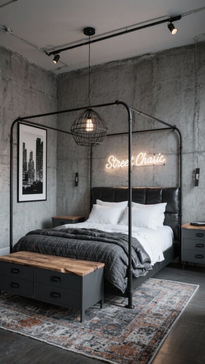 Photorealistic wide bedroom view, Street Chic Industrial: concrete gray walls (faux finish), black metal canopy bed framing the room, crisp white sheets topped with a washed charcoal quilt and a butter-soft leather duvet folded at the foot. Sharp furniture: charcoal dresser with matte black pulls, raw-edge wood nightstands. Distressed Persian rug in slate and rust grounding the space. Track lighting along the ceiling plus a sculptural wire-cage pendant centered over the bed. Monochrome city photography in oversized black frames on the wall, a subtle neon script sign mounted above the headboard. Evening urban mood with balanced highlights and shadows, slightly off-center angle.