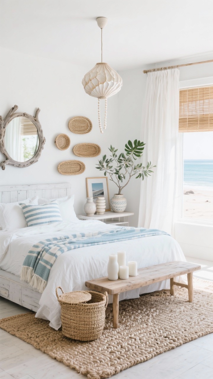 Photorealistic wide, bright Coastal Boho Breeze bedroom: soft whites, seafoam, and driftwood gray palette; whitewashed wood bed with crisp cotton bedding and a striped throw in coastal blues; chunky braided jute rug grounding the space; woven bench at the foot of the bed; billowy linen curtains filtering daylight (or bamboo shades); seagrass baskets and a lidded hamper for storage; wall decor including a driftwood mirror and a trio of woven trays; plants—silvery olive tree in a ceramic pot, string of pearls cascading from a shelf, small monstera by the window; capiz shell pendant overhead; minimal decor with ceramic vases and a stack of white candles; a simple framed beach photograph; shot from an airy corner angle with natural seaside light.
