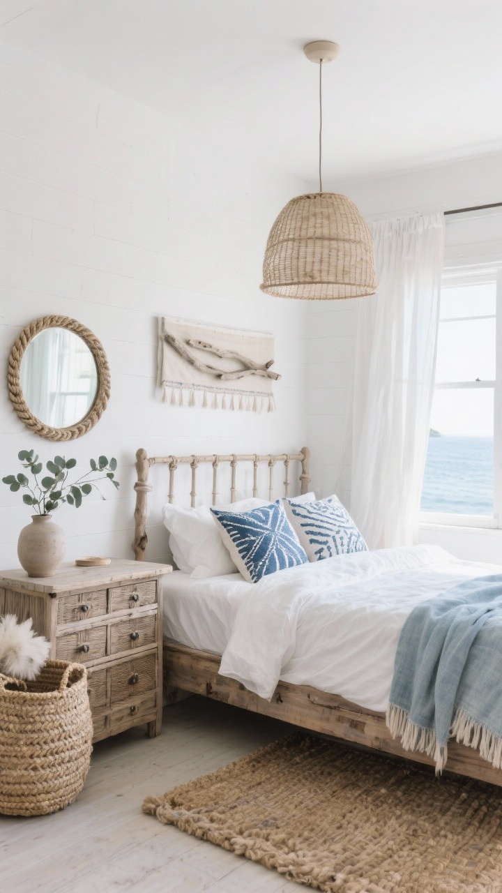 Photorealistic wide corner shot, “Coastal Boho Breeze”: whitewashed walls and a weathered oak bed dressed in crisp white linen; indigo block-print pillows and a soft chambray throw layering a beach-faded look; cane-front dresser opposite with a rope-wrapped round mirror above; woven seagrass baskets tucked beside the dresser; chunky wool-and-jute rug grounding the space; linen drum pendant overhead providing even, calm light; driftwood art or a simple textile wall hanging above the bed; sheer curtains fluttering at a slightly open window; a ceramic vase with a sprig of eucalyptus on a bedside surface; palette of white, oat, indigo, soft gray, driftwood; airy coastal mood, no people.