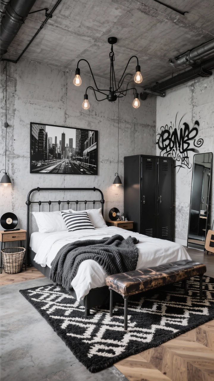 Photorealistic wide loft-style bedroom scene, Urban Street-Chic Loft: concrete-look wallpaper or textured grey paint walls; black metal canopy bed centered with crisp white bedding for snap; distressed leather bench at the foot; steel locker-style wardrobe to the side; exposed bulb chandelier with matte-black arms overhead and industrial sconces over each nightstand; low-pile black/ivory geometric kilim layered on wood or concrete floors; charcoal knit throw and pinstripe linen pillows adding softness; oversized black-and-white city photography on the wall and one bold graffiti canvas for pop; wire baskets, a vinyl record stand, and a matte-black full-length mirror; editorial cool, mixed raw textures, angled corner perspective.