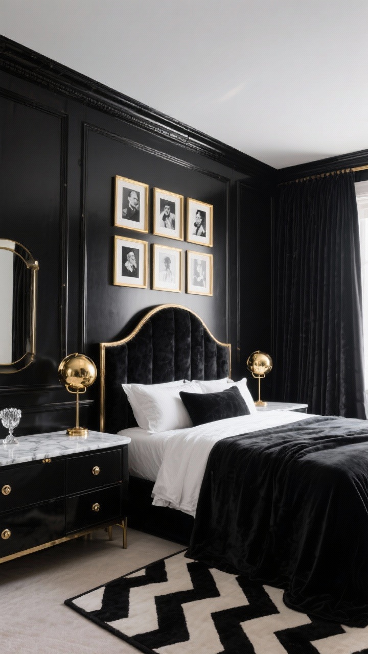 Photorealistic wide, Old-Hollywood Glam: black lacquer walls with tall wainscoting, centered curved velvet headboard in deep onyx trimmed with brushed gold; black-and-white chevron rug grounding the space; brass globe sconces flanking the bed; marble-topped vanity doubling as a desk with crystal knobs on nearby cabinetry; floor-to-ceiling black velvet blackout drapes that gently puddle; gallery wall of black-and-white portraits in slim gold frames; palette black, white, gold, marble; luxe cinematic lighting with soft specular highlights, straight-on symmetrical composition