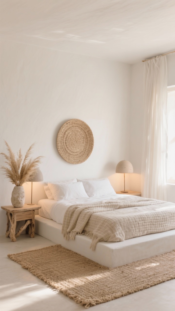 Photorealistic wide room shot, Sand-Dune Minimal Boho bedroom: plaster-white walls, low-profile linen platform bed dressed in stonewashed oatmeal linen with a lightweight waffle blanket, pale oak handcrafted-look nightstand, chunky jute rug, gauzy ivory curtains filtering warm morning light, a single oversized woven wall plate centered above the bed, matte ceramic dome lamps with warm dimmable bulbs on each side, a sculptural travertine pedestal holding a dried grass arrangement; color palette of bone, sand, oat, and driftwood; airy, restrained, natural textures; straight-on view, soft sunlit ambience, no people