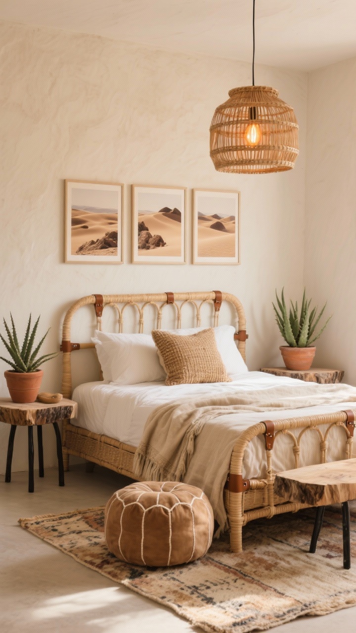 Photorealistic wide shot, Cali Desert Boho bedroom: warm alabaster walls, natural rattan bed frame with caramel leather strap details, distressed vintage-look rug in faded beige, bed styled with a cactus silk lumbar pillow and latte-toned throw, suede pouf near the foot, terra-cotta planters with spiky aloes, live-edge bedside slabs with blackened metal legs, cane drum pendant overhead with a soft amber bulb, trio of neutral desert landscape prints (dunes and rocky outcrops) above the bed; sun-kissed, slightly rugged mood; corner angle capturing depth and layered desert textures; no people