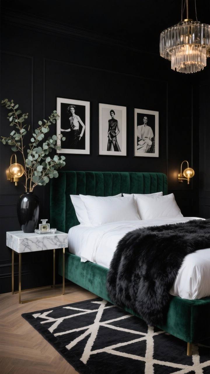 Photorealistic wide shot of a moody, luxe bedroom with matte black walls and a deep emerald velvet, low-profile headboard bed dressed in crisp white hotel sheets and a black faux fur throw; brushed gold opaque-globe wall sconces flanking the bed, a slender marble-topped nightstand with a glass perfume tray, a black-and-cream geometric rug underfoot; smoked-glass chandelier overhead dimmed for soft glow; tall eucalyptus bundle in a black ceramic vase; trio of oversized black-and-white fashion prints above the bed; textures of velvet, faux fur, marble, and smoked glass highlighted; no people, editorial vibe, corner angle.